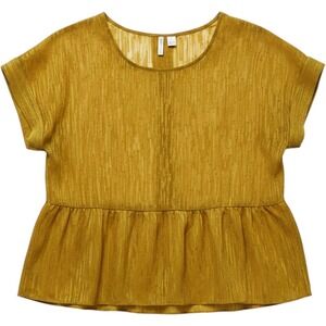 Cato‎ Mustard Yellow Gold Metallic Sheer Peplum Top Short Sleeve Blouse Large